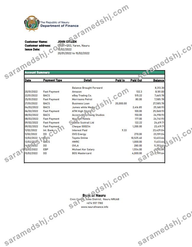 Nauru Bank of Nauru bank statement